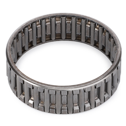 The AGCO Massey Ferguson - Roller Rangebox - 3613629M2 features a cylindrical needle roller bearing with an open end and a metallic finish. This component is commonly used in Massey Ferguson tractor parts and includes evenly spaced rollers encased within a metal ring.