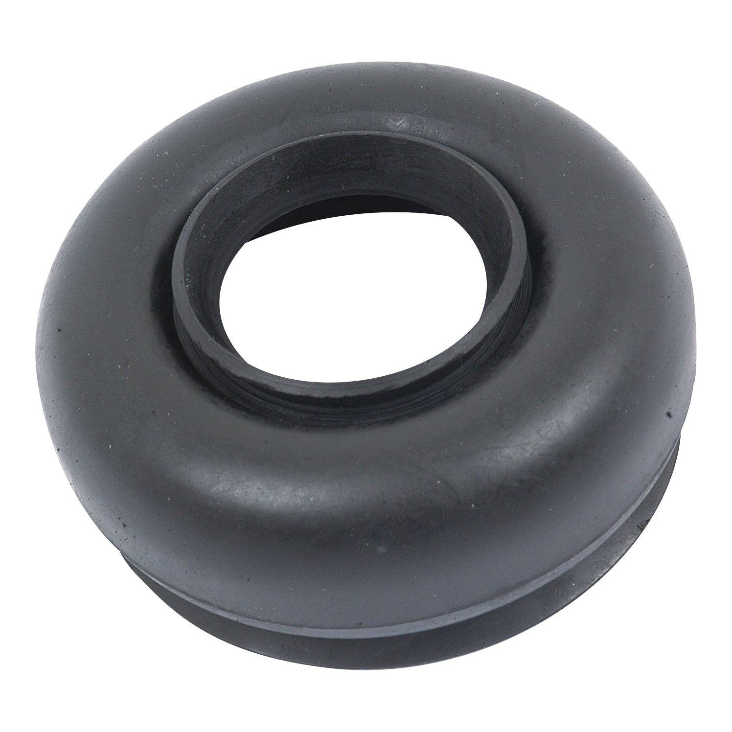 The Rubber Boot - Draft Control (Sparex Part No.S.41368) by Sparex is a black rubber component with a circular shape and a central hole, frequently used on Massey Ferguson machinery to protect cables and wires passing through metal or plastic surfaces.