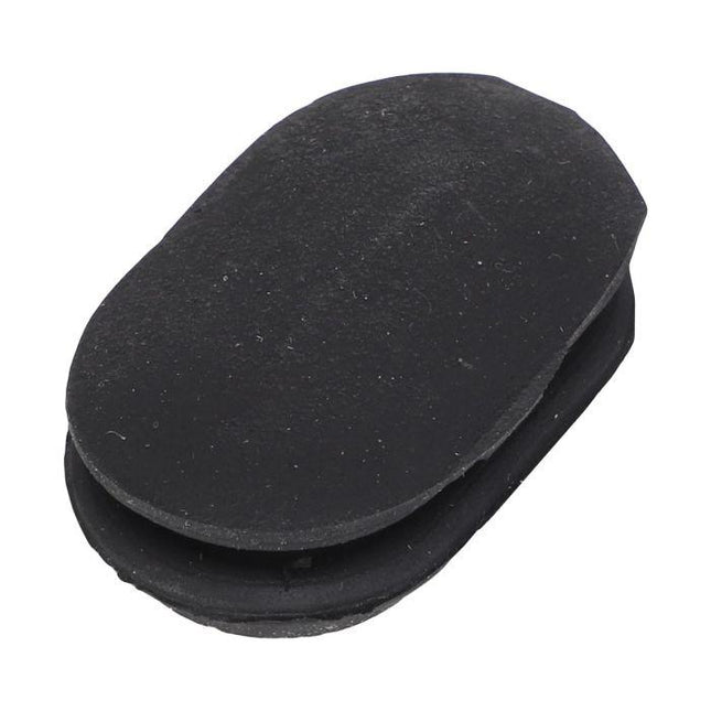 A Massey Ferguson – Rubber Plug - 4226916M1 by AGCO, featuring a black oval rubber design with a slit along one side, set against a white background. Ideal for Massey Ferguson 100 Series tractor parts.
