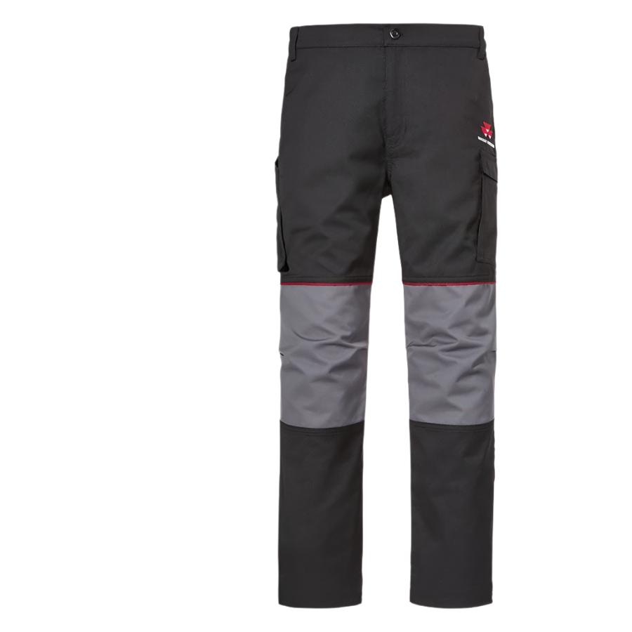 The AGCO Massey Ferguson - S Collection Work Trousers (X993482206) are black and gray work trousers with pockets, featuring the Massey Tractor Parts logo on the upper left thigh. These durable pants are designed to keep you comfortable through long workdays.