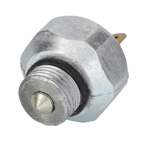 Close-up image of a metal safety switch sensor, labeled as Massey Ferguson - Safety Switch - 1679223M2 by AGCO, featuring a hexagonal base and electrical connectors, commonly found in 100 Series tractor parts for Massey Ferguson.