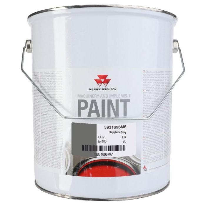A 5-liter white paint can from AGCO, labeled "Massey Ferguson - Machinery and Implement Paint," part of the store's collection. The can specifies that the paint color is Sapphire Grey with the code 3931696M6 and includes a metal handle for convenient carrying. Note that this Massey Ferguson Paint is categorized as hazardous material.