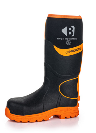 A single Buckler Hi Viz black and orange safety boot, labeled “Buckler," designed for heavy-duty use with a textured sole, featuring model BBZ8000BK/OR for enhanced durability.