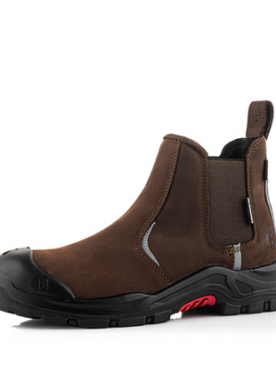 The Buckler - Nubuckz Safety Dealer Boot - Nkz101Br by Buckler is a brown leather pull-on work boot featuring a composite toe cap, slip-resistant black outsole, and elastic side panels.