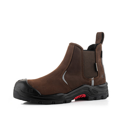 The Buckler - Nubuckz Safety Dealer Boot - Nkz101Br by Buckler is a brown leather pull-on work boot featuring a composite toe cap, slip-resistant black outsole, and elastic side panels.