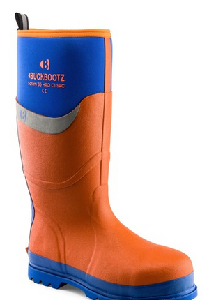 The Buckler - Safety Buckbootz Orange (BBZ6000OR), a single boot in orange and blue by Buckler, features reinforced toe and heel for robust protection and user comfort, conforming to the EN S5 standard, and is standing upright on a white background.