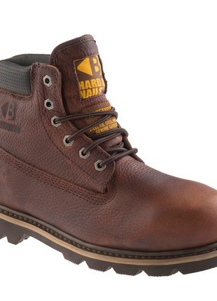 Introducing the Buckler B750Smwp by Buckler, a brown leather work boot featuring a black sole and distinctive yellow label. Equipped with safety features such as a reinforced steel toe and midsole, this boot also includes metal eyelets, a back pull loop for easy wear, and a breathable membrane designed to keep your feet dry and comfortable.