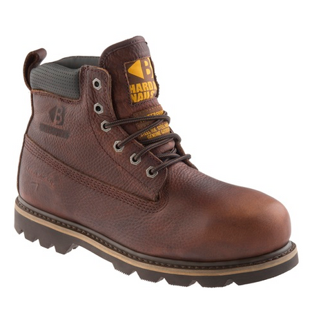 Introducing the Buckler B750Smwp by Buckler, a brown leather work boot featuring a black sole and distinctive yellow label. Equipped with safety features such as a reinforced steel toe and midsole, this boot also includes metal eyelets, a back pull loop for easy wear, and a breathable membrane designed to keep your feet dry and comfortable.