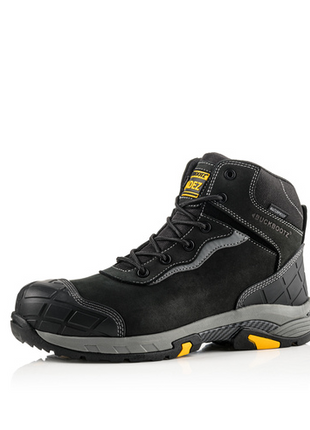 The Buckler - Tradez Blitz Waterproof Safety Boots - Blitzbk from Buckler are black and grey lace-up work boots showcasing reinforced toes, yellow accents, and rugged soles. They feature lightweight metal-free safety components and are photographed from the side against a white background.