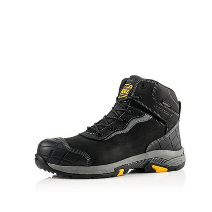 The Buckler - Tradez Blitz Waterproof Safety Boots - Blitzbk from Buckler are black and grey lace-up work boots showcasing reinforced toes, yellow accents, and rugged soles. They feature lightweight metal-free safety components and are photographed from the side against a white background.