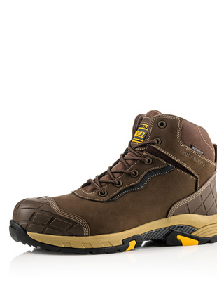 The Buckler Tradez Blitz Waterproof Safety Boots - Blitzbr feature a brown, high-top design with rugged elements, yellow and black accents, waterproof properties, and reinforced heel areas on a white background.