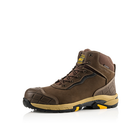 The Buckler Tradez Blitz Waterproof Safety Boots - Blitzbr feature a brown, high-top design with rugged elements, yellow and black accents, waterproof properties, and reinforced heel areas on a white background.