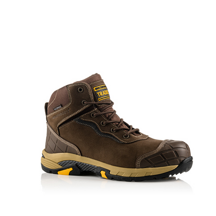 The Buckler - Tradez Blitz Waterproof Safety Boots - Blitzbr is a brown ankle-high work boot with a rugged sole, yellow and black accents, padded collar, and metal-free toe protection.
