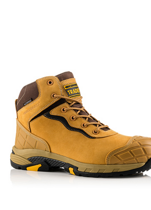 The Buckler - Tradez Blitz Waterproof Safety Boots - Blitzhy is a single yellow and brown lightweight safety boot featuring a black sole, reinforced toe, and black lacing. The metal-free toe protection ensures added safety while maintaining its lightness. Displayed against a white background, this versatile footwear from Buckler is ideal for any work environment.