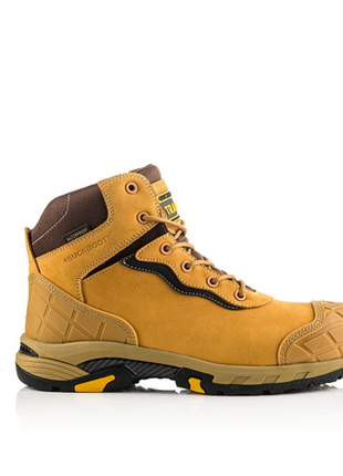 A side view of the Buckler - Tradez Blitz Waterproof Safety Boot - Blitzhy, featuring a single tan and brown boot with a black and yellow sole, renowned for its lightweight safety, is isolated on a white background.