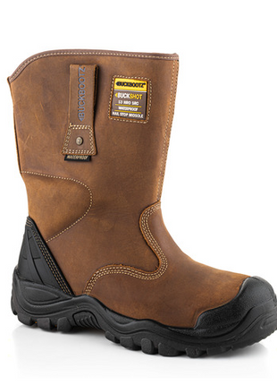 Introducing the Buckler Waterproof Safety Rigger Boot Bsh010Br: a mid-calf, brown leather boot with a black rubber sole and toe guard, featuring a safety certification label and reinforced stitching for enhanced durability.