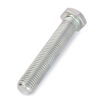 A close-up view of the Massey Ferguson screw, model number F718301020310, featuring threading along its metallic hexagonal shaft and produced by AGCO, lying on a white background.