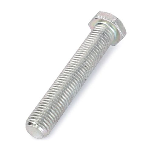 A close-up view of the Massey Ferguson screw, model number F718301020310, featuring threading along its metallic hexagonal shaft and produced by AGCO, lying on a white background.