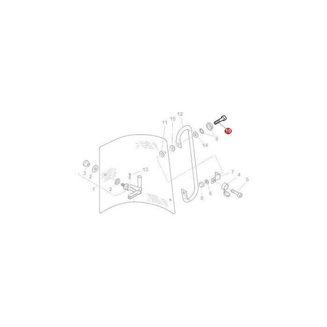 Diagram of a windshield assembly with numbered tractor parts, including a highlighted screw labeled as part number 3011842X1, specifically for the Massey Ferguson 5400 Series from AGCO.