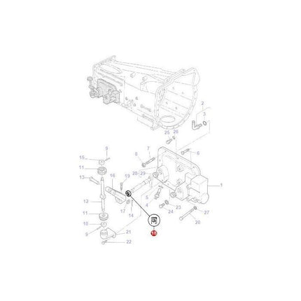 Diagram of a gearbox assembly showing various numbered parts, with the Seal Control Shaft (part 16) highlighted by a red circle. This detailed illustration is essential for anyone working on Massey Ferguson tractor parts, particularly the 3000 Series. Product: Massey Ferguson - Seal Control Shaft - 3790170M1 by AGCO.