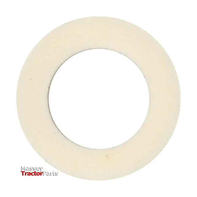 A white circular washer with a smaller circular hole in the center is displayed on a plain white background. Made from durable materials, its universal design ensures compatibility. The Massey Ferguson - Seal, Drive Shaft - 716100420160 logo by AGCO is in the bottom left corner.