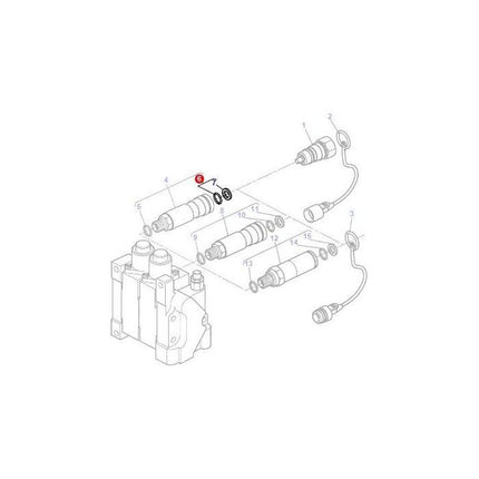 An exploded diagram of the Massey Ferguson Seal Kit - 3477804M1, detailing various components including connectors, bolts, and rings, laid out with reference numbers for each part under the AGCO brand.
