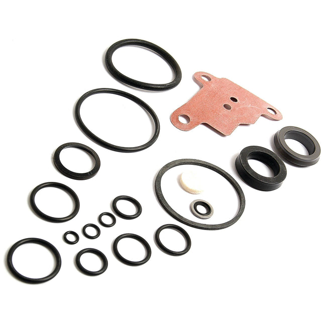 A variety of black O-rings and rubber gaskets of different sizes are laid out, along with a red, gasket-like piece with two holes and a small white circular piece, all ideal for Massey Ferguson seal kits and cylinder ram maintenance, specifically available in the Sparex Seal Kit (Sparex Part No. S.40134).