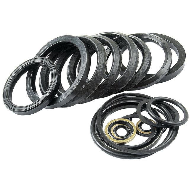 A variety of black rubber and metal oil seals, compatible with Massey Ferguson 1810056M92 and Massey Ferguson 50B, from the Sparex Seal Kit (Bucket Tilt Ram) | Sparex Part No. S.41274 are arranged in a group on a white background.