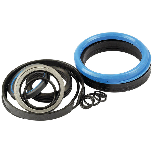 A selection of Seal Kit (Boom Ram) components for the Massey Ferguson 50B, including black and blue rubber seals and O-rings, all Sparex Part No. S.41275 by Sparex, arranged on a white background.