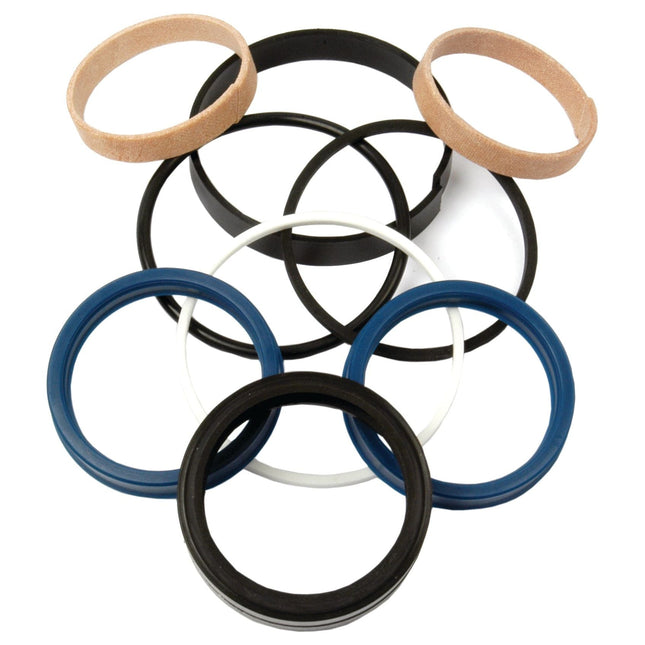 Assorted rubber and fabric rings of various sizes and colors, arranged in a circular pattern on a white background, reminiscent of precise components in a Sparex Seal Kit (Steering Cylinder 2WD & 4WD depending on tractor models) | Sparex Part No.S.41992.