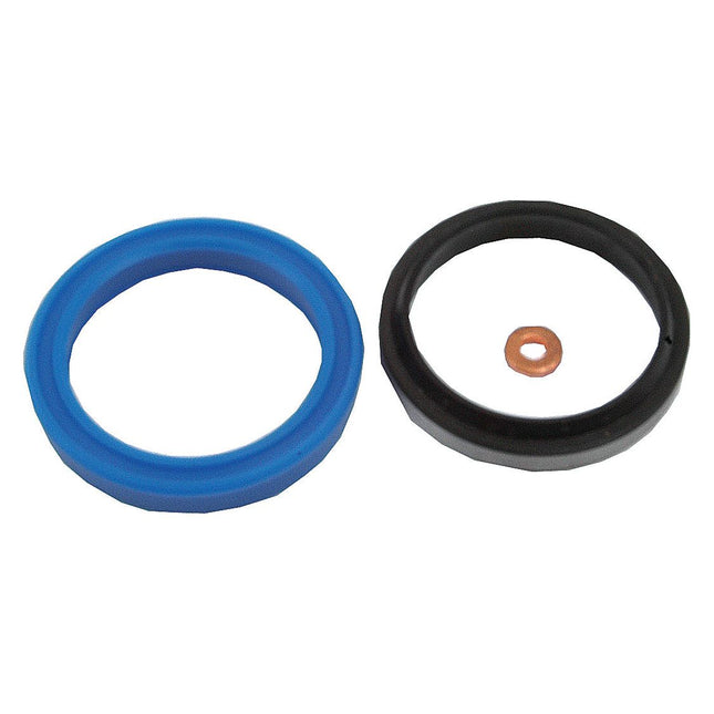 Three mechanical seals—a blue O-ring, a black O-ring, and a small copper ring—are arranged side by side on a white background. These seals are essential components of the Massey Ferguson power steering cylinder in the Seal Kit (Power Steering Cylinder - 2WD), Sparex Part No. S.42234 from Sparex.