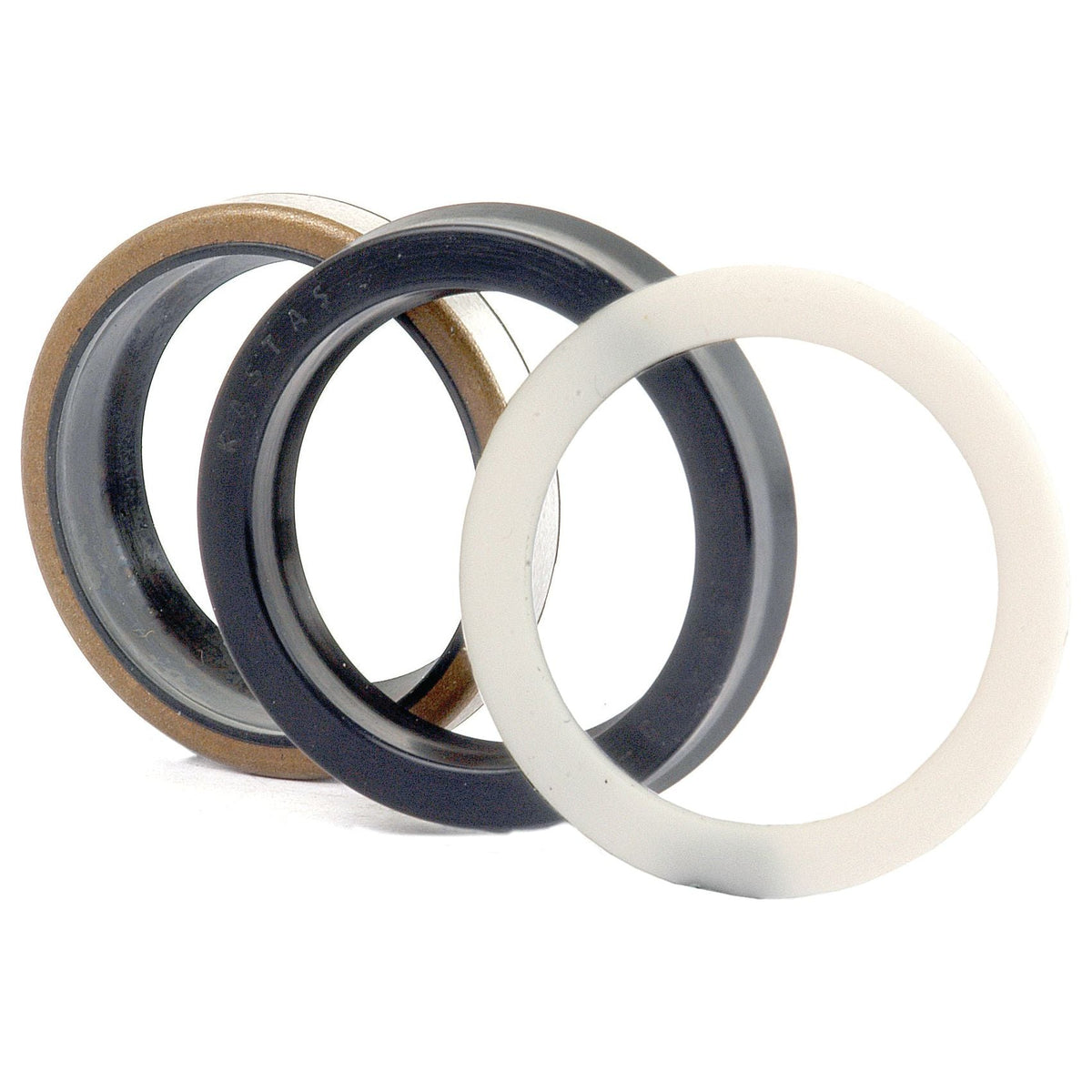 Three circular gaskets of different materials and colors—brown, black, and white—are aligned in a row on a white background. These essential components are perfect for various machinery like the Sparex Seal Kit (Hydraulic Lift Cylinder) or even a Massey Ferguson hydraulic lift cylinder, identified by the Sparex Part No. S.43106.