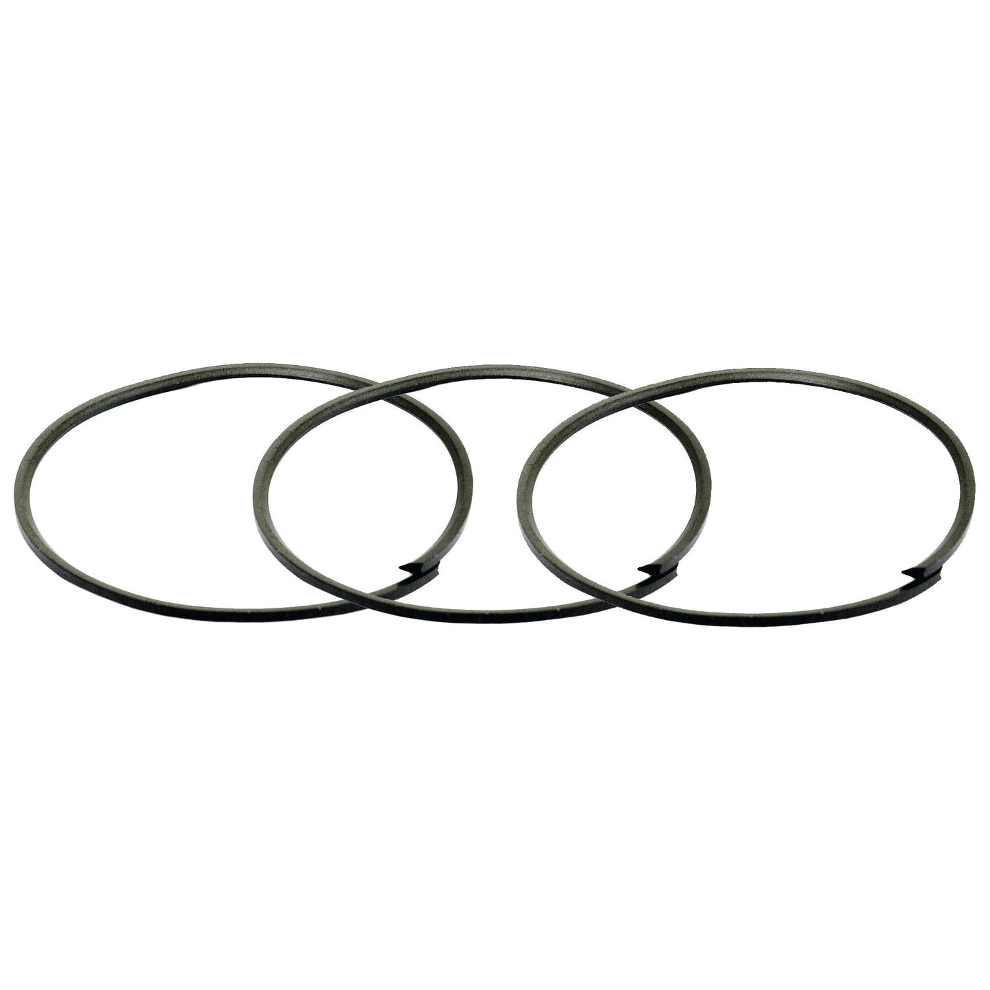 Three metal piston rings from the Seal Kit (Sparex Part No. S.67432) arranged in a row on a white background, perfect for use in Fiat tractors.