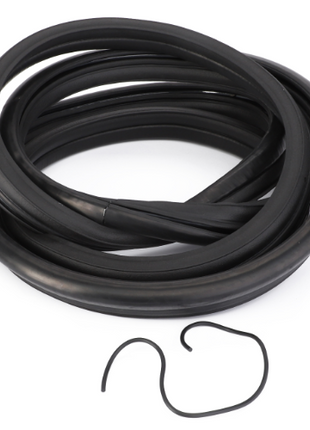 A coiled black rubber seal, AGCO's Massey Ferguson - Sealing Profile - H481810040310, accompanied by a smaller separated piece placed in front.