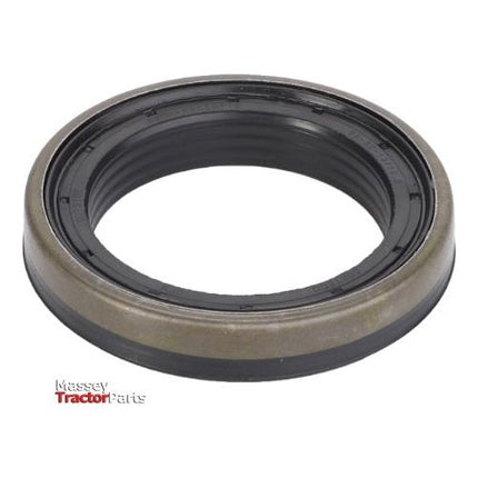 A round, industrial metal sealing washer with a black inner lining from AGCO, labeled "Massey Ferguson - Sealing Washer - F339300020030," designed to prevent oil leaks.