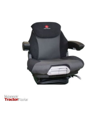 Introducing the Massey Ferguson - Seat Cover - 3931563M1 by AGCO, a sleek black and gray seat cover featuring armrests and an adjustable headrest adorned with the Massey Tractor Parts logo, perfect for enhancing your Massey Ferguson 100 Series.