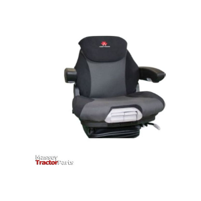 Introducing the Massey Ferguson - Seat Cover - 3931563M1 by AGCO, a sleek black and gray seat cover featuring armrests and an adjustable headrest adorned with the Massey Tractor Parts logo, perfect for enhancing your Massey Ferguson 100 Series.