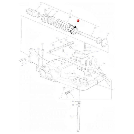 Exploded technical diagram of a mechanical assembly from the AGCO Massey Ferguson Seat Draft Control (Part Number 886351M2), with labeled components, showing detailed internal parts including springs, bolts, and shafts.
