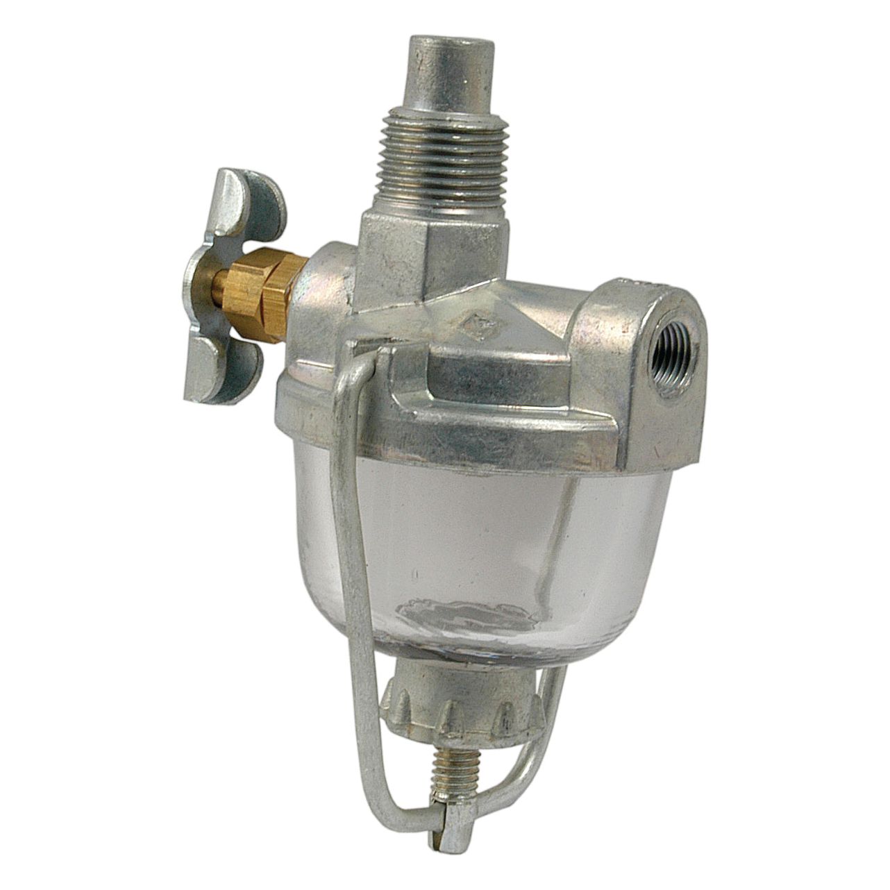 Close-up of a Sparex Sediment Bowl Assembly (Part No. S.61578), featuring a metallic and transparent fuel or oil filter with a 1/8 male NPT connection for easy attachment and a secure fastening mechanism, ensuring seamless integration with your system.