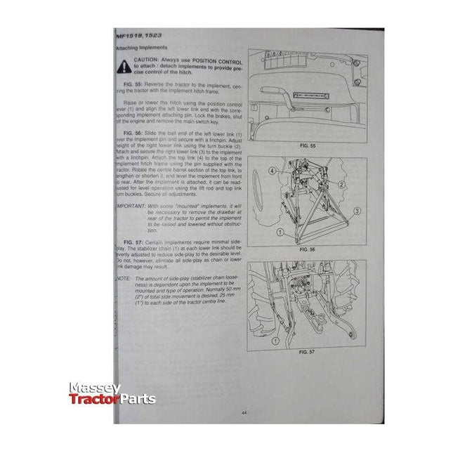 Instruction manual page for AGCO's Massey Ferguson 1500 Series tractors (Operators Manual, 1857586M1), featuring text and three diagrams that demonstrate hitch and control adjustments for attaching implements. This Operators Manual ensures precise and efficient setup of your equipment.