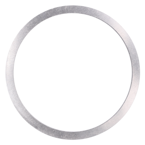 A circular, flat, silver metal washer with a large central hole, viewed from above on a white background, ideal for use in Massey Ferguson tractor parts. This is the AGCO Massey Ferguson - Shim 4wd Clutch - 3386061M1.