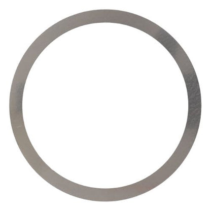 A thin, flat, metallic circular ring with a hollow center rests against a plain white background, reminiscent of the precision found in the Massey Ferguson Shim Differential 3380042M1 by AGCO.