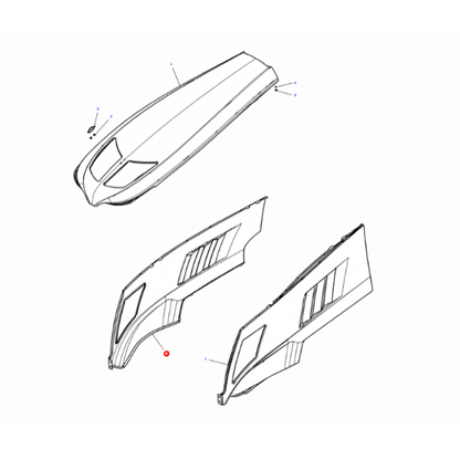 Diagram of three car body panels, including a hood (top) and two side panels (bottom). Arrows indicate attachment points, resembling the precision engineering found in AGCO's Massey Ferguson Side Panel R/H - ACW0216070 - ACW021607A.