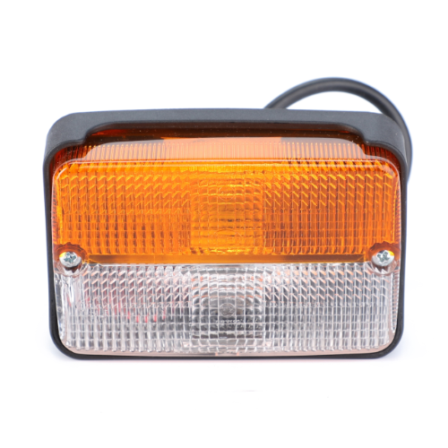 The AGCO Massey Ferguson - Sidelight - 3786791M92 is a rectangular vehicle side marker light featuring orange and clear sections, secured by two screws and encased in a black housing with an attached wire, making it ideal for the 6400 Series tractor parts.