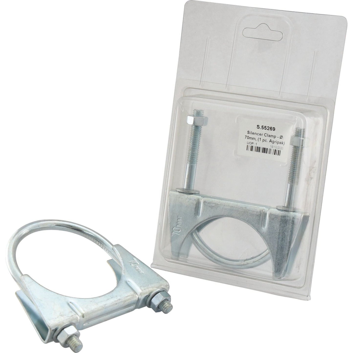 A Sparex silencer clamp with a 70mm diameter and featuring a U-bolt and nuts is displayed alongside its plastic packaging. The package is labeled as Sparex Part No. S.55269, indicating it as an ideal clamp for Massey Ferguson agricultural machinery.