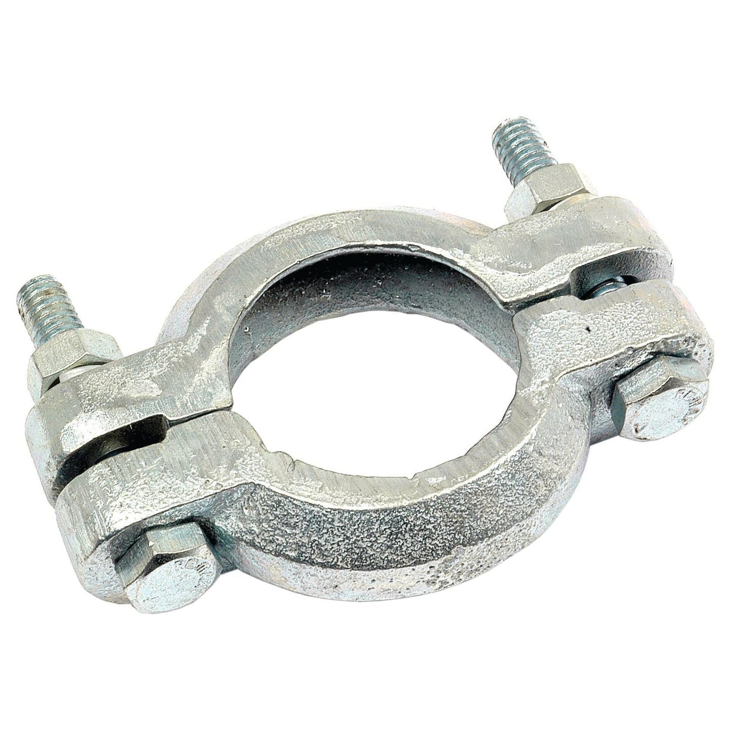 A durable Silencer Clamp with a diameter range of 43-60mm and two bolts, suitable for Ford New Holland and Massey Ferguson tractors. (Sparex Part No. S.60654)