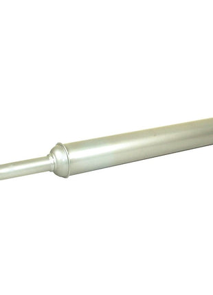 The Sparex Silencer - Horizontal - S.6300 is a silver cylindrical vehicle exhaust muffler, featuring a curved inlet pipe on one end and a straight outlet pipe on the other, coated with Aluminium Heat Resistant Paint for durability, isolated on a white background.