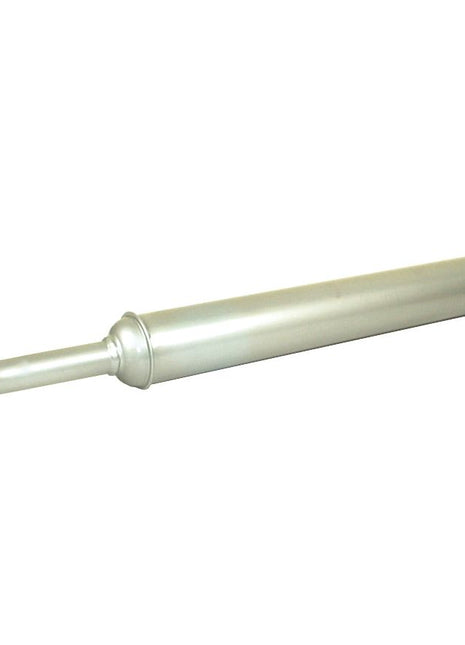 The Sparex Silencer - Horizontal - S.6300 is a silver cylindrical vehicle exhaust muffler, featuring a curved inlet pipe on one end and a straight outlet pipe on the other, coated with Aluminium Heat Resistant Paint for durability, isolated on a white background.
