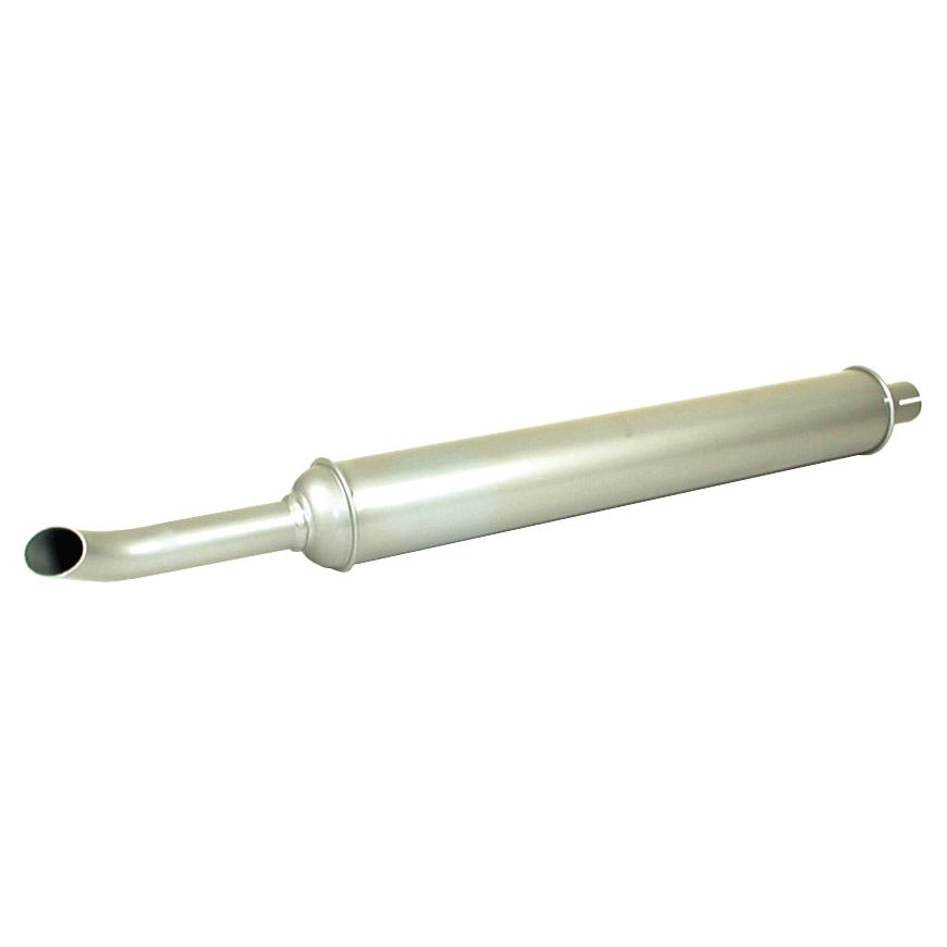 The Sparex Silencer - Horizontal - S.6300 is a silver cylindrical vehicle exhaust muffler, featuring a curved inlet pipe on one end and a straight outlet pipe on the other, coated with Aluminium Heat Resistant Paint for durability, isolated on a white background.