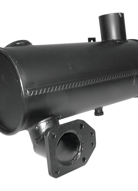The Sparex Silencer - Underhood - S.42656 is a cylindrical black metal exhaust muffler characterized by its round body, multiple inlets/outlets, and welded joints. Designed for automotive or industrial applications, it is coated with heat-resistant paint for enhanced durability. This silencer features a standard 63mm fitting to ensure easy installation under the hood and provides effective noise reduction.